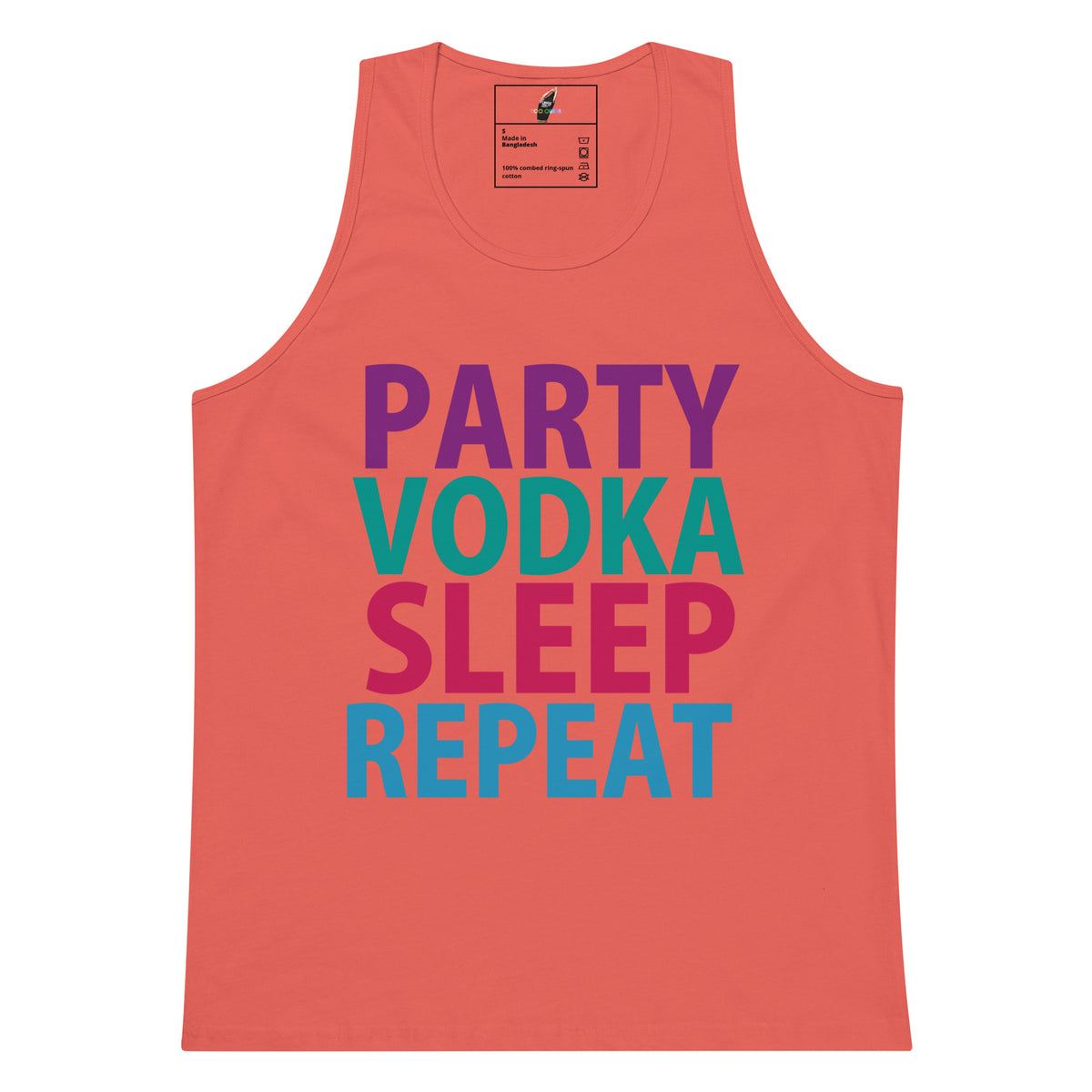 A coral pink tank top featuring the phrase 'PARTY VODKA SLEEP REPEAT' printed in large, colorful block letters across the front.