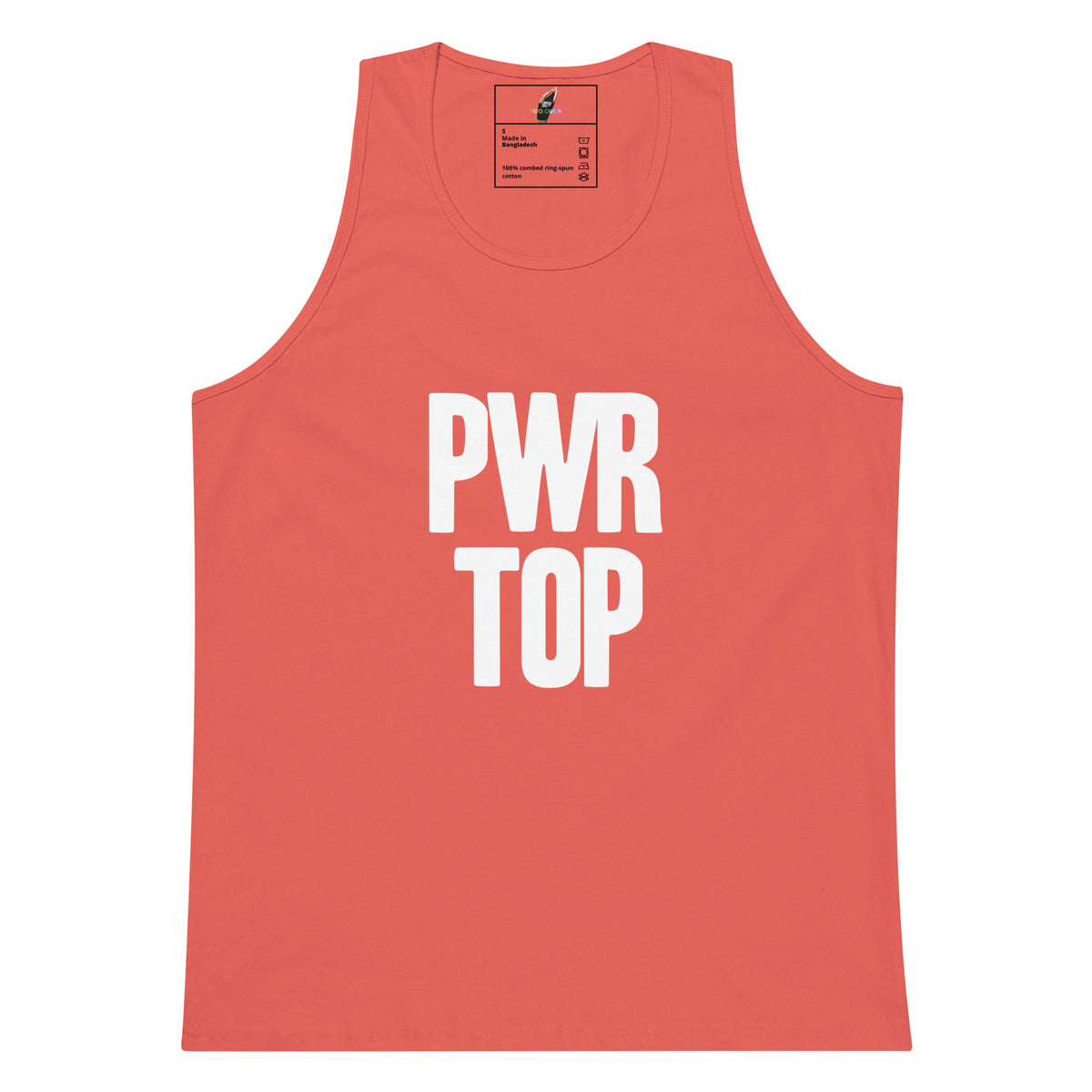 A coral pink sleeveless tank top with bold white text reading 'PWR TOP' on the front, shown flat against a plain white background.