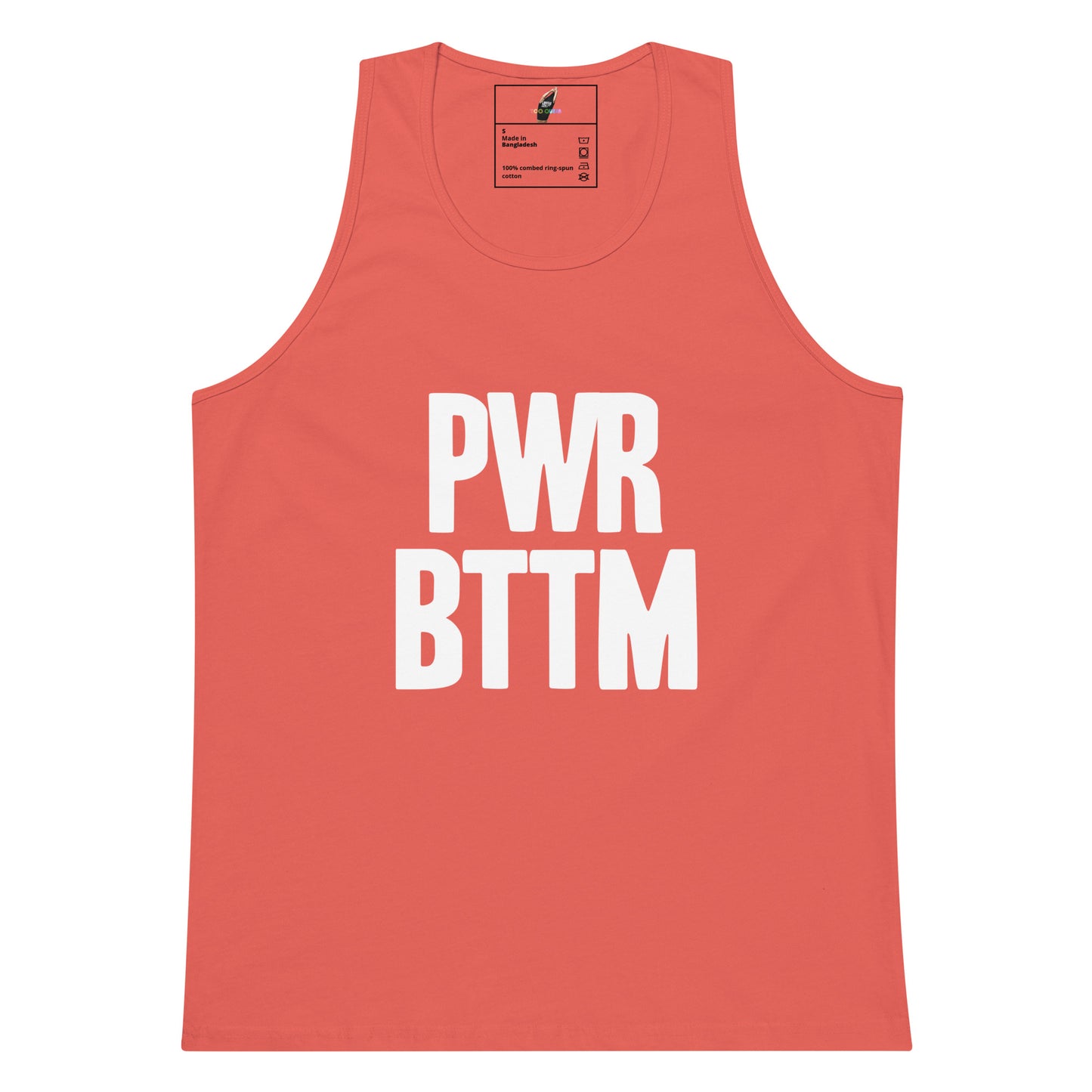 A coral pink sleeveless tank top with bold white text reading 'PWR BTTM' on the front, shown flat against a plain white background.