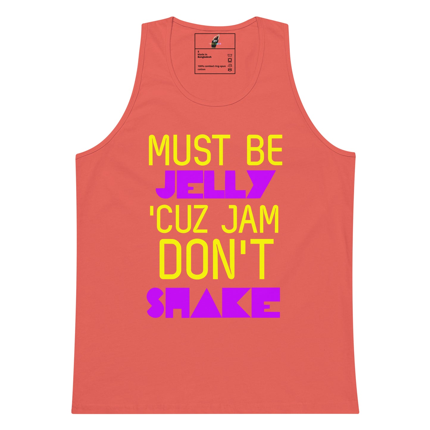 A coral pink tank top with a colorful graphic text print reading 'MUST BE JELLY 'CUZ JAM DON'T SHAKE' in yellow and purple, displayed on a solid white background.
