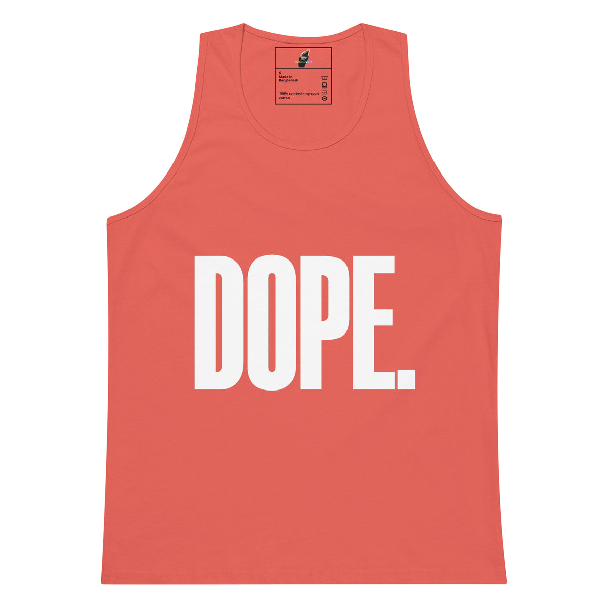 A coral pink sleeveless tank top with the word 'DOPE.' printed in large white block letters across the front, shown on a plain white background.