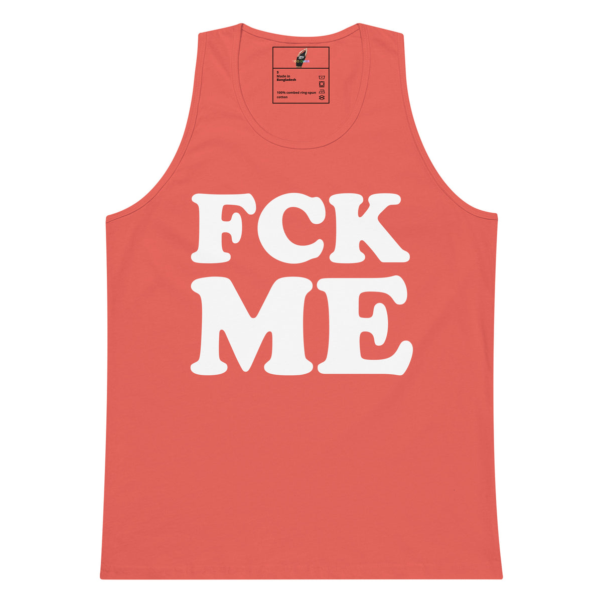 A coral pink sleeveless tank top with the words 'FCK ME' printed in large white bubble letters across the front, shown on a plain white background.