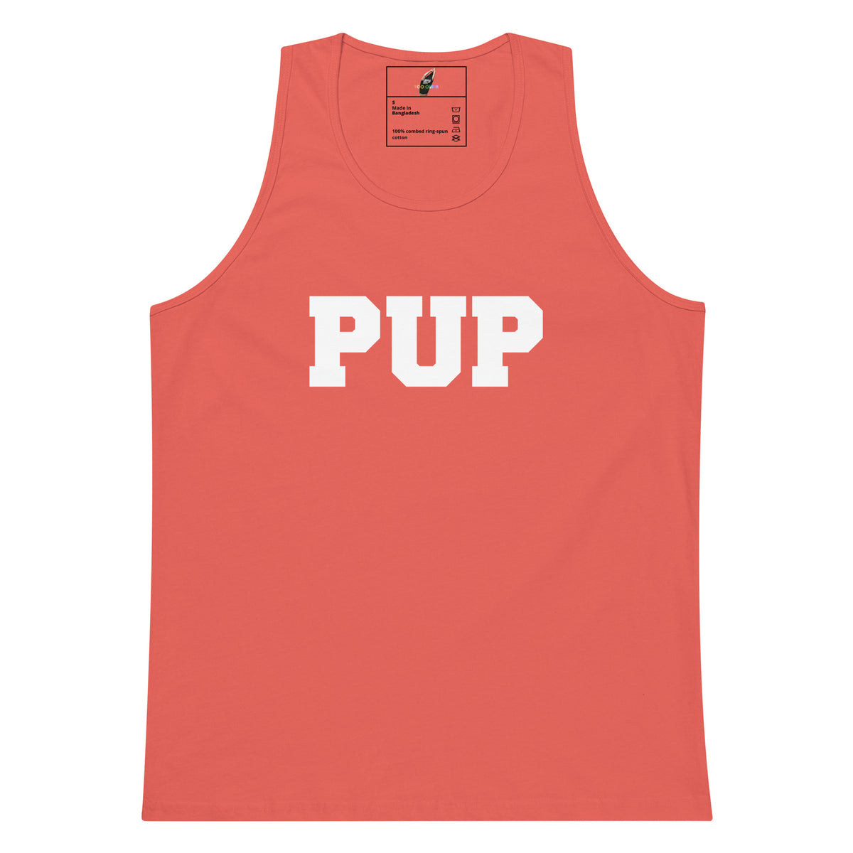 A coral pink sleeveless tank top with the word 'PUP' printed in bold white varsity-style block letters across the chest, shown flat against a plain white background.