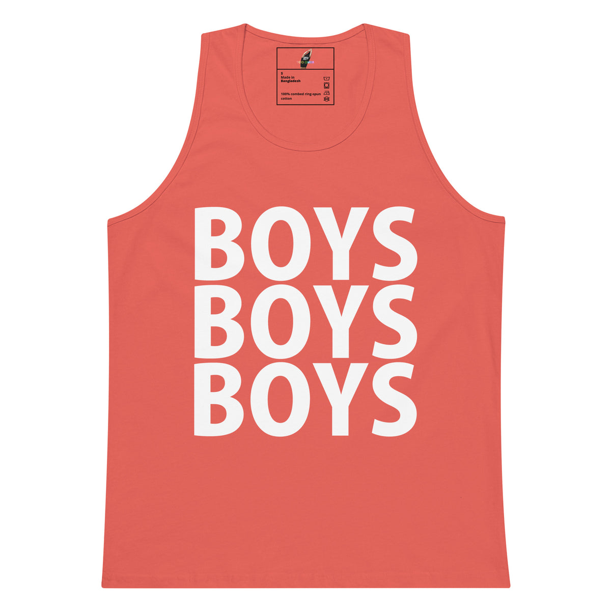 A coral pink sleeveless tank top featuring the word 'BOYS' printed in large white block letters, repeated vertically three times on the front.