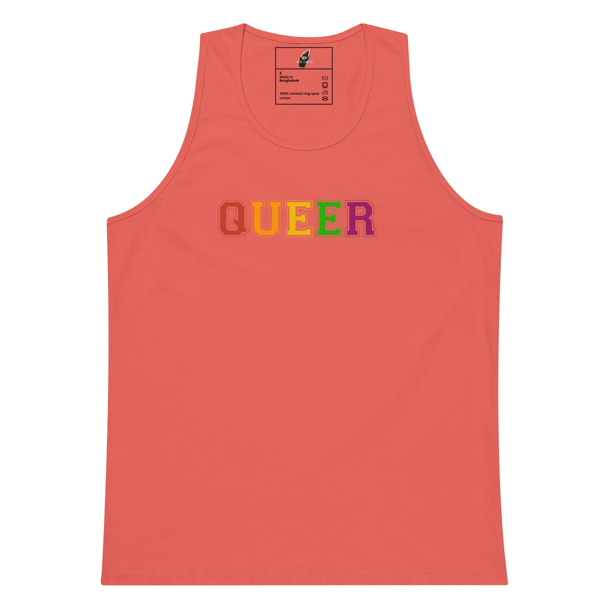 A coral pink sleeveless tank top featuring the word 'QUEER' printed across the chest in rainbow-colored letters, displayed flat against a solid white background.