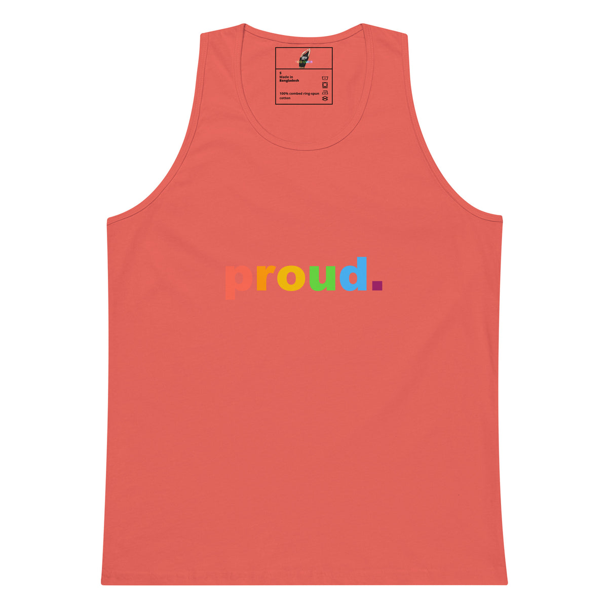 A coral pink sleeveless tank top with the word 'proud.' printed across the chest in rainbow colors, shown flat against a white background.