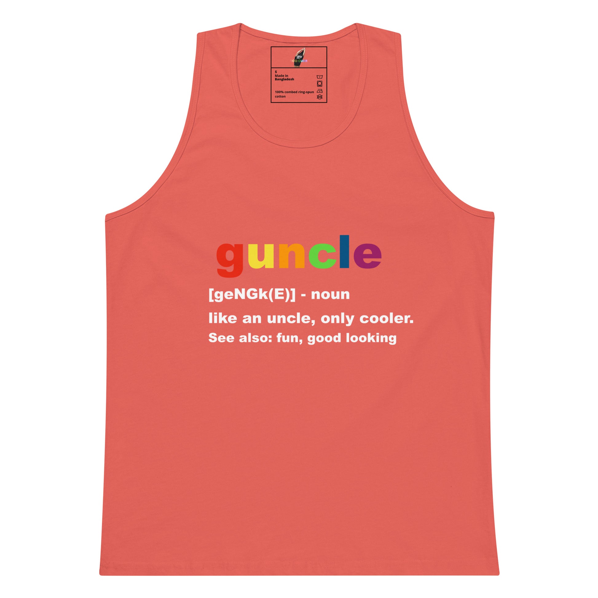 A coral pink tank top with a colorful 'uncle' graphic and a white dictionary-style definition printed on the chest, displayed against a solid white background.