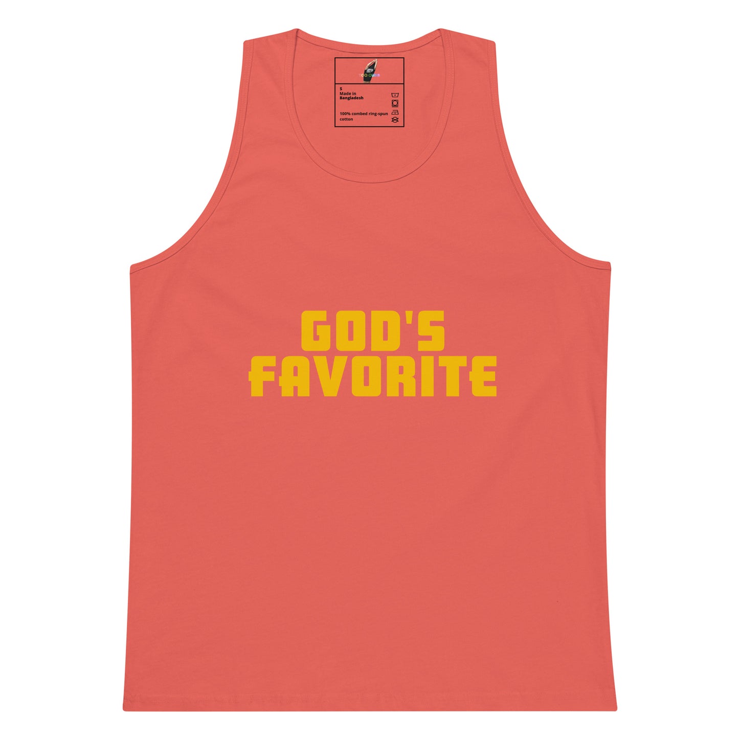 A coral pink tank top with 'GOD'S FAVORITE' printed in yellow block letters across the chest, displayed flat against a white background.