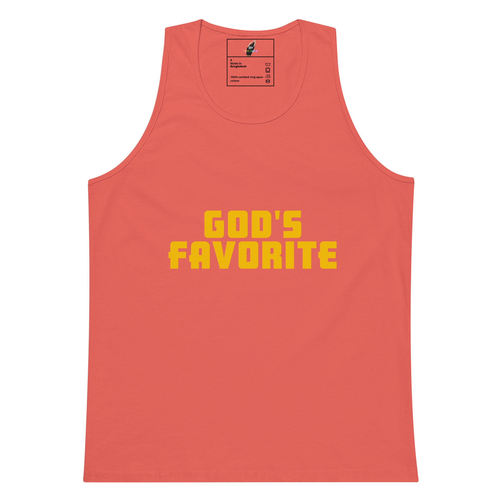 A coral pink tank top with 'GOD'S FAVORITE' printed in yellow block letters across the chest, displayed flat against a white background.