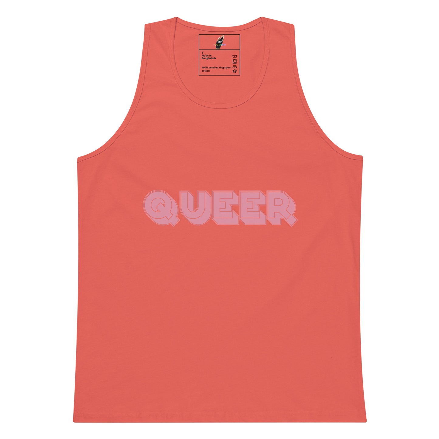 A coral pink sleeveless tank top with the word 'QUEER' printed across the chest in a light pink bubble font, displayed flat against a white background.