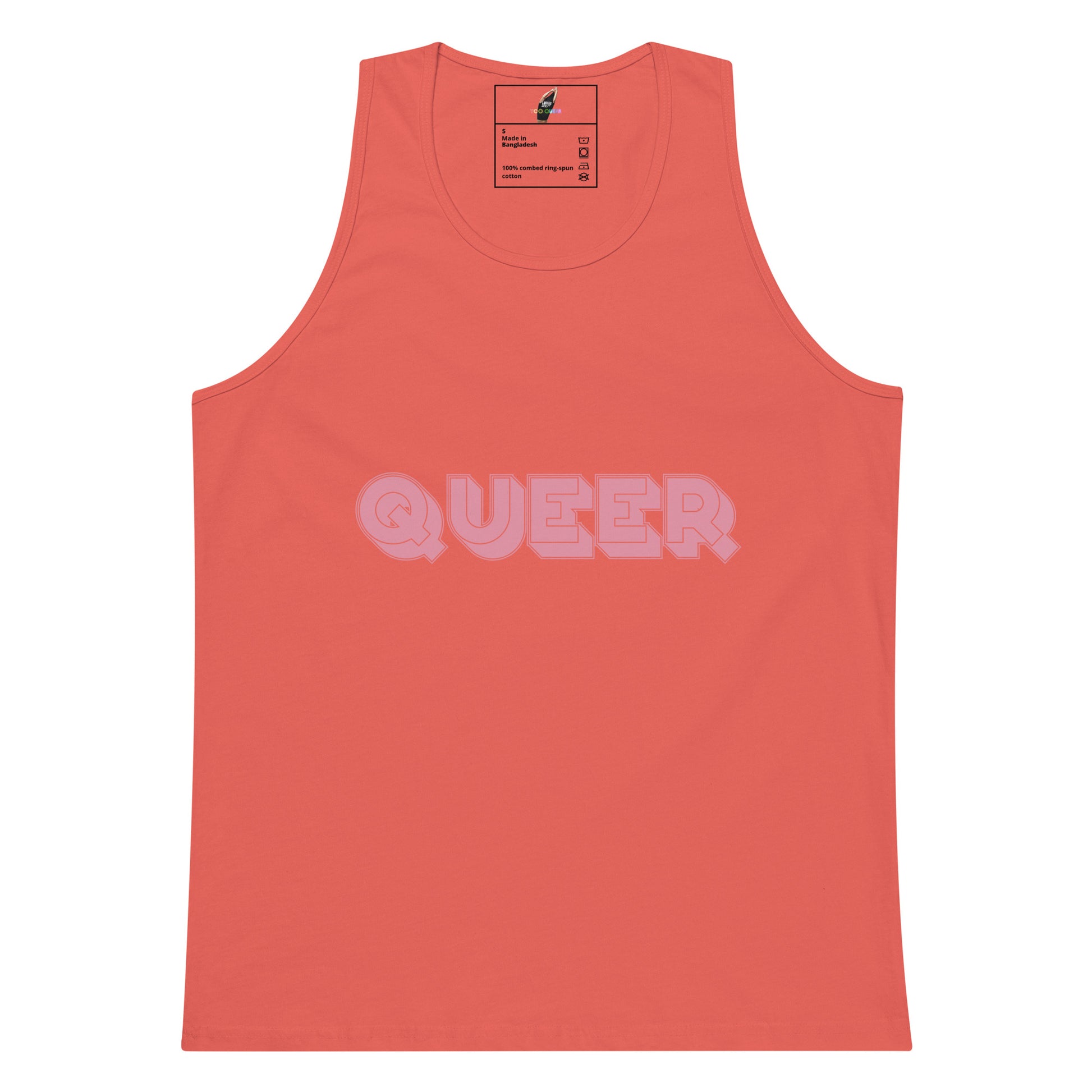 A coral pink sleeveless tank top with the word 'QUEER' printed across the chest in a light pink bubble font, displayed flat against a white background.