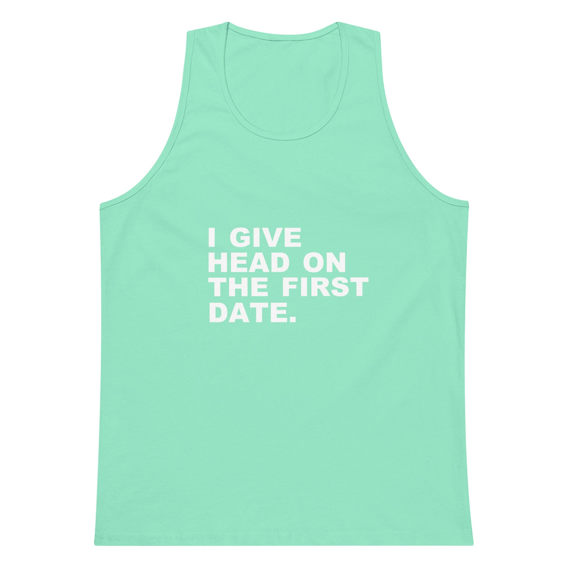 Mint green tank top with white text on a white background