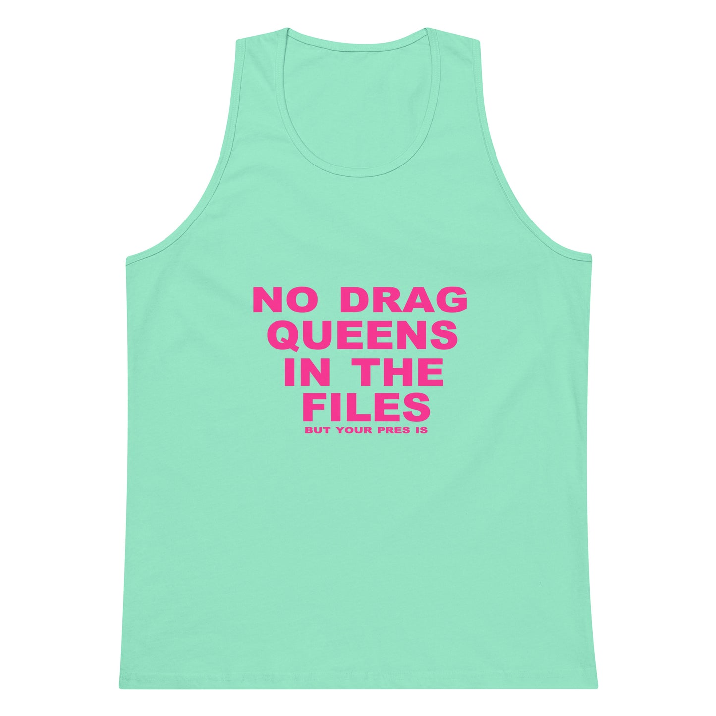 Mint green tank top with pink text on a white background