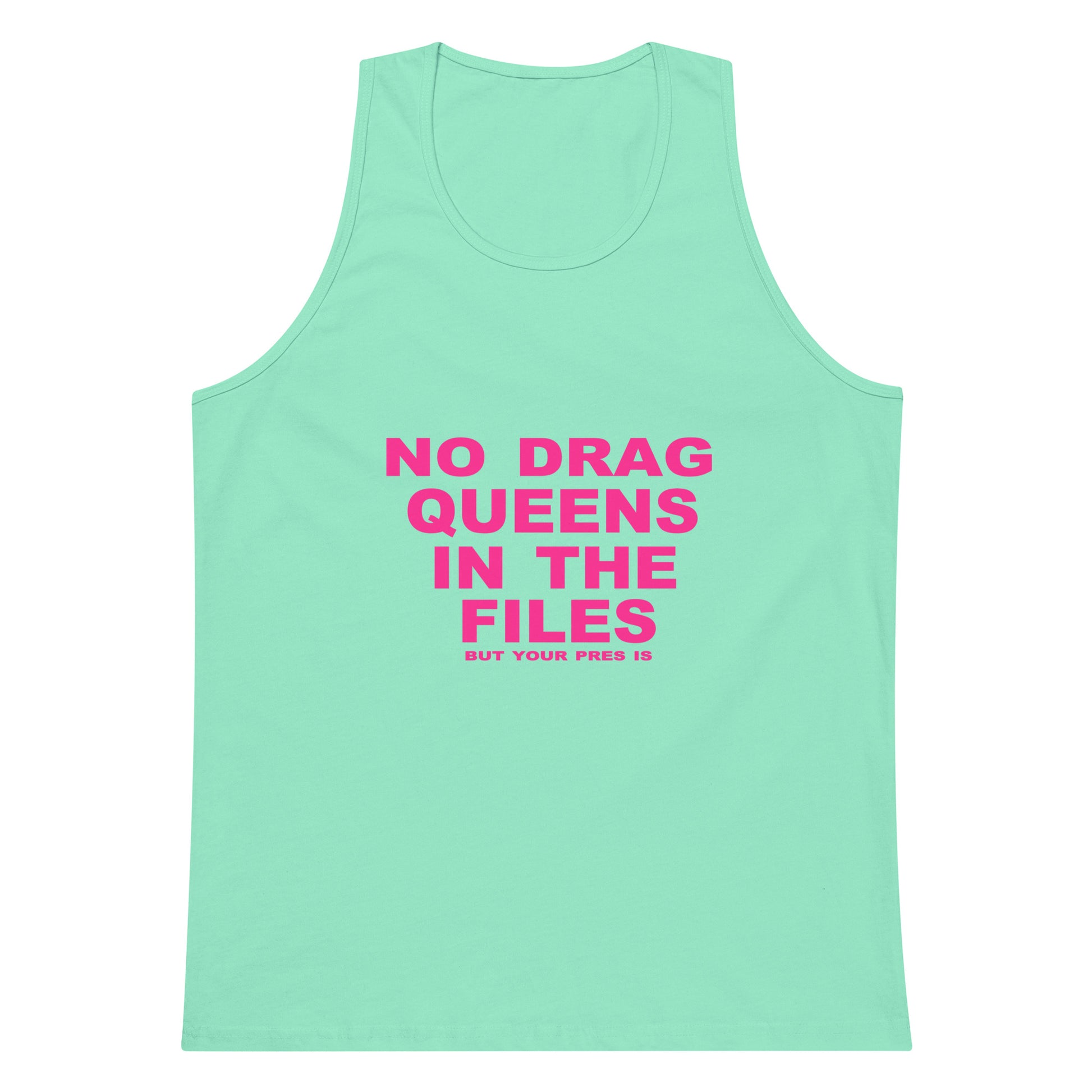Mint green tank top with pink text on a white background