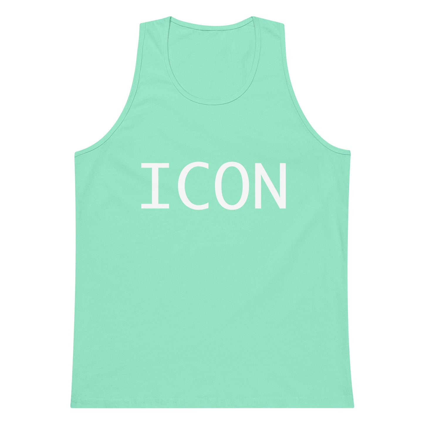Mint green tank top with 'ICON' printed on it against a white background