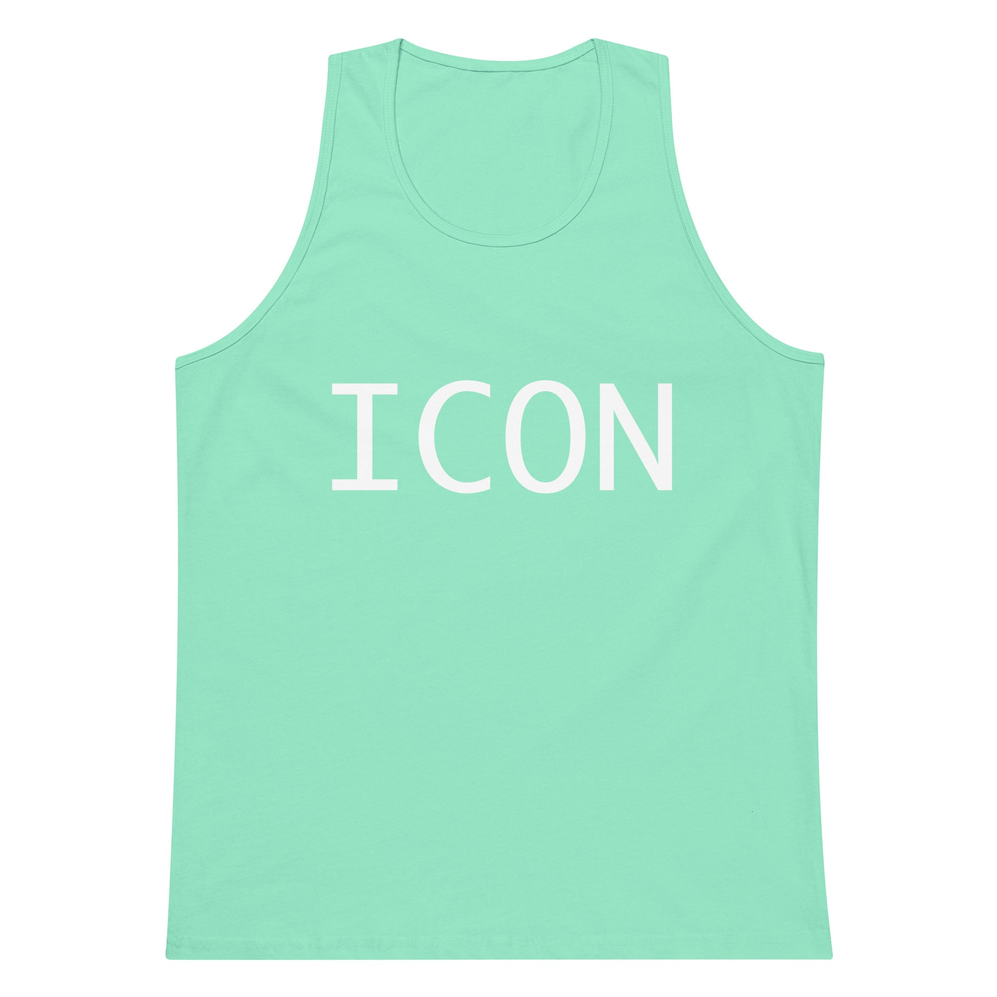 Mint green tank top with 'ICON' printed on it against a white background