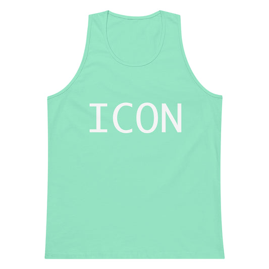 Mint green tank top with 'ICON' printed on it against a white background