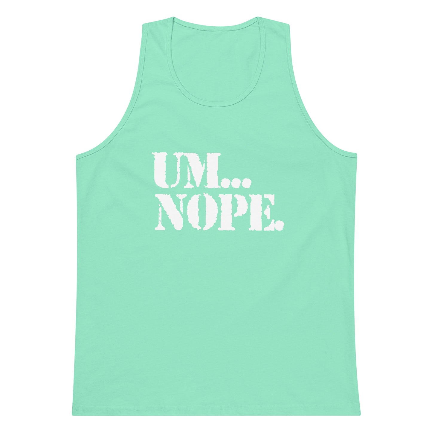 A mint green sleeveless tank top with the text 'UM.
