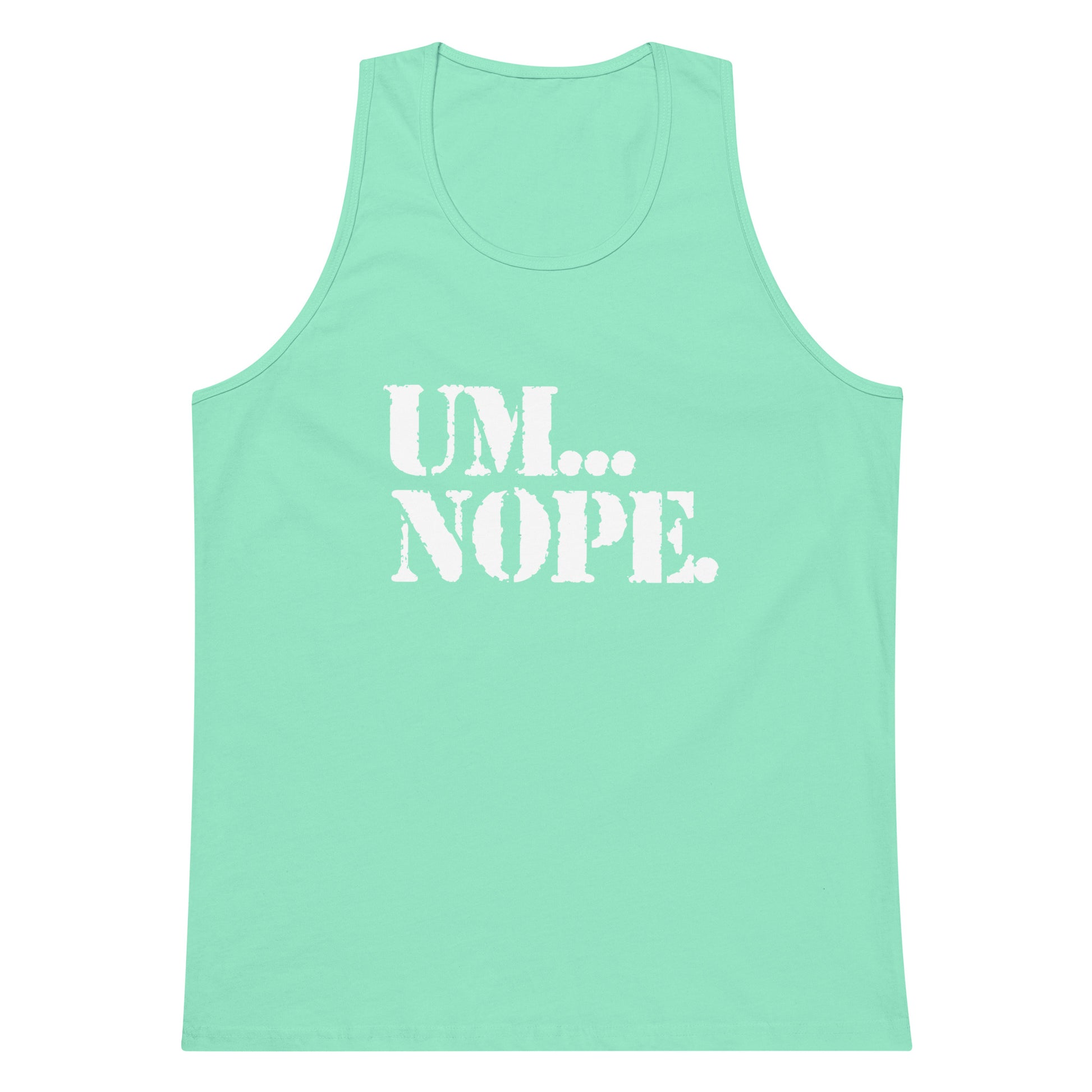 A mint green sleeveless tank top with the text 'UM.