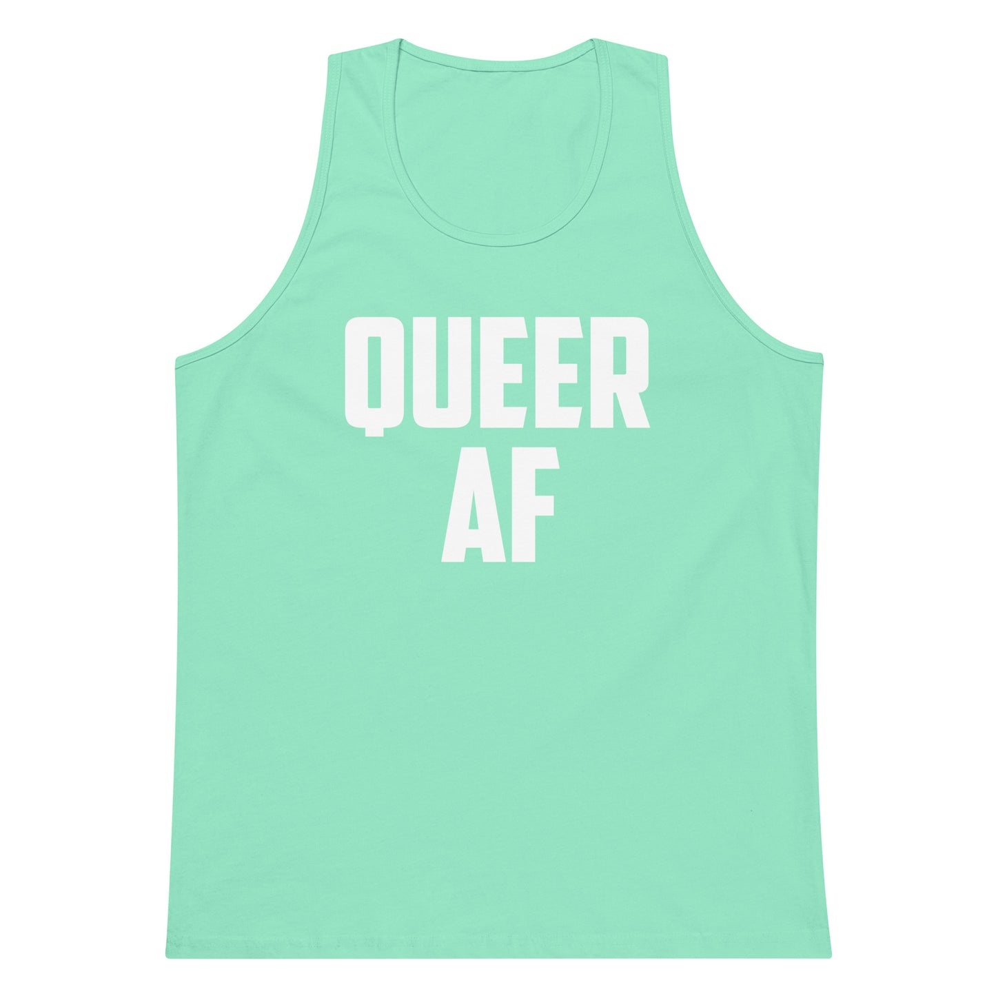 A mint green tank top with the words 'QUEER AF' printed in bold white capital letters across the chest, displayed on a solid white background.