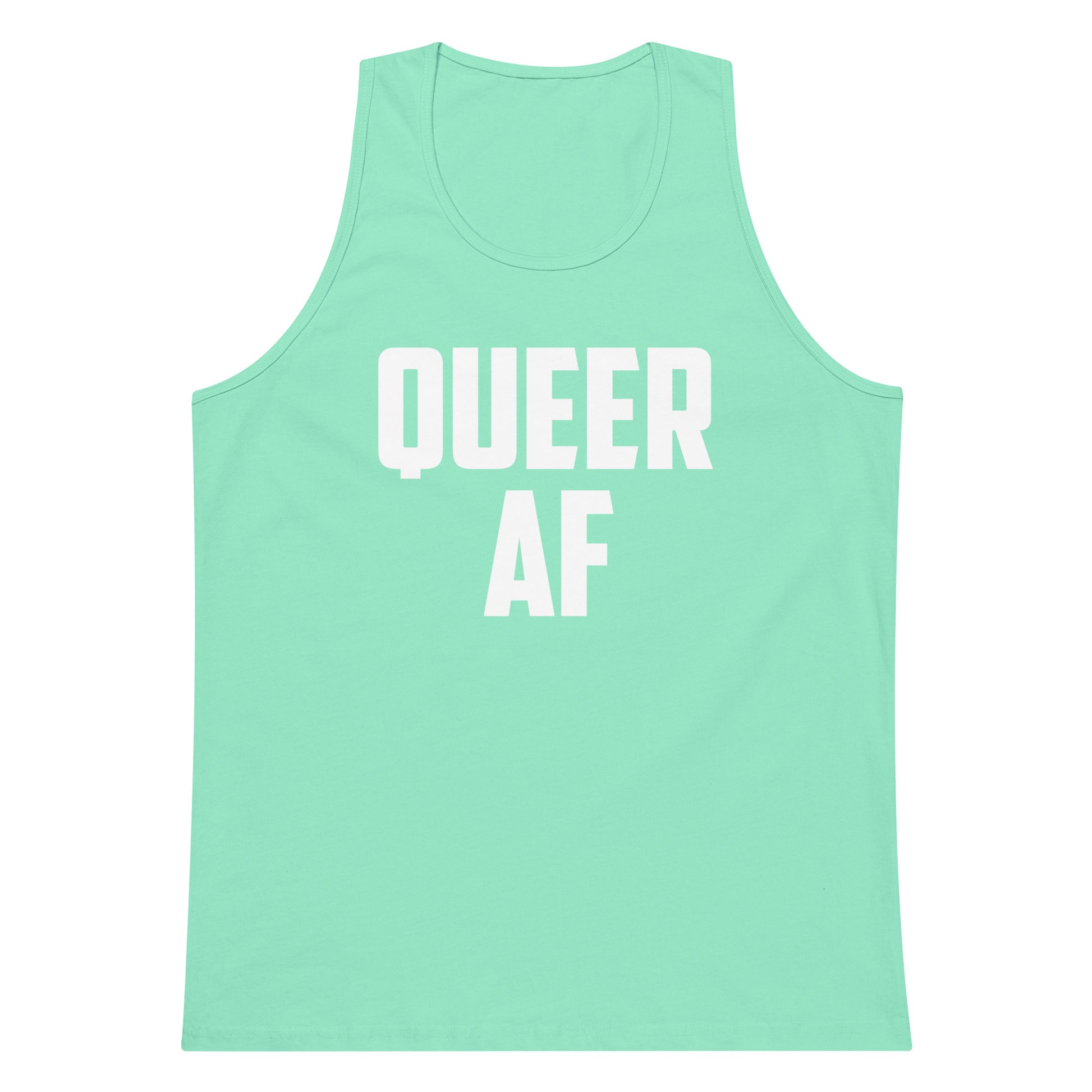 A mint green tank top with the words 'QUEER AF' printed in bold white capital letters across the chest, displayed on a solid white background.
