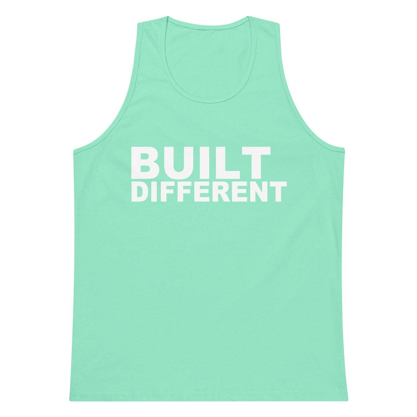 A mint green sleeveless tank top with the words 'BUILT DIFFERENT' printed in bold white capital letters across the chest, shown on a plain white background.