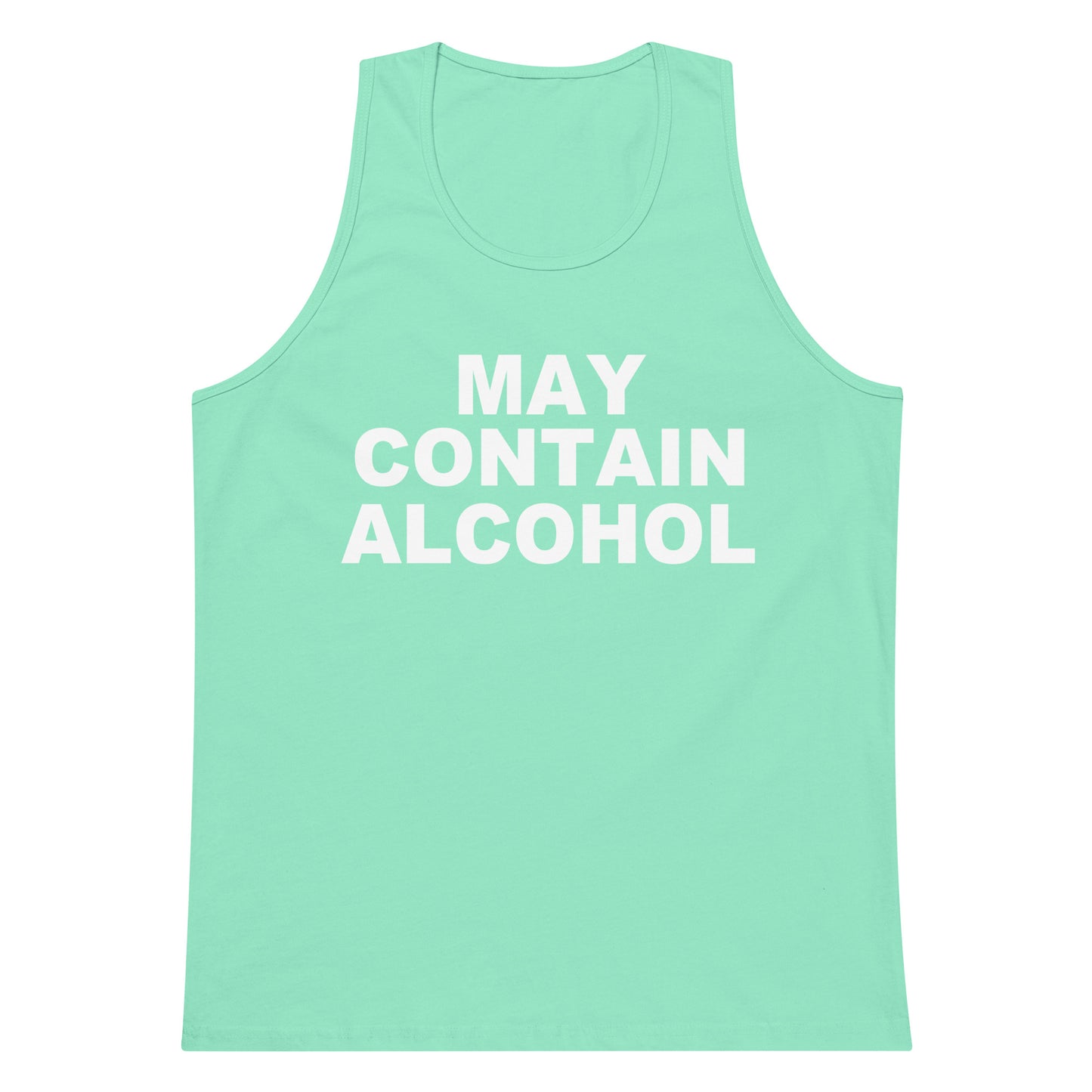 A mint green tank top with the text 'MAY CONTAIN ALCOHOL' printed in bold white capital letters on the front, displayed against a solid white background.