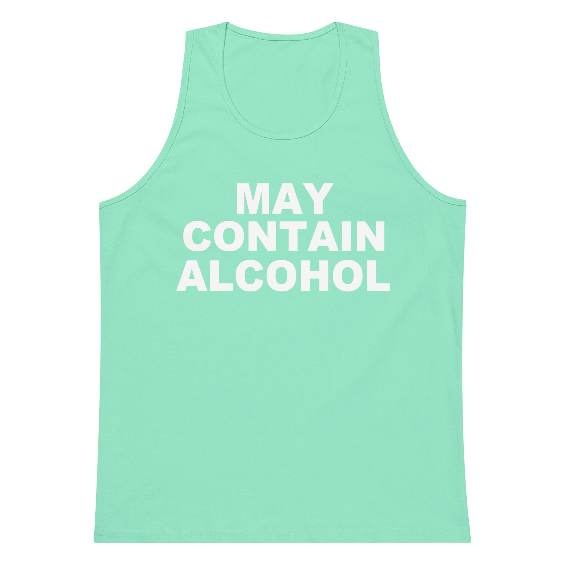 A mint green tank top with the text 'MAY CONTAIN ALCOHOL' printed in bold white capital letters on the front, displayed against a solid white background.