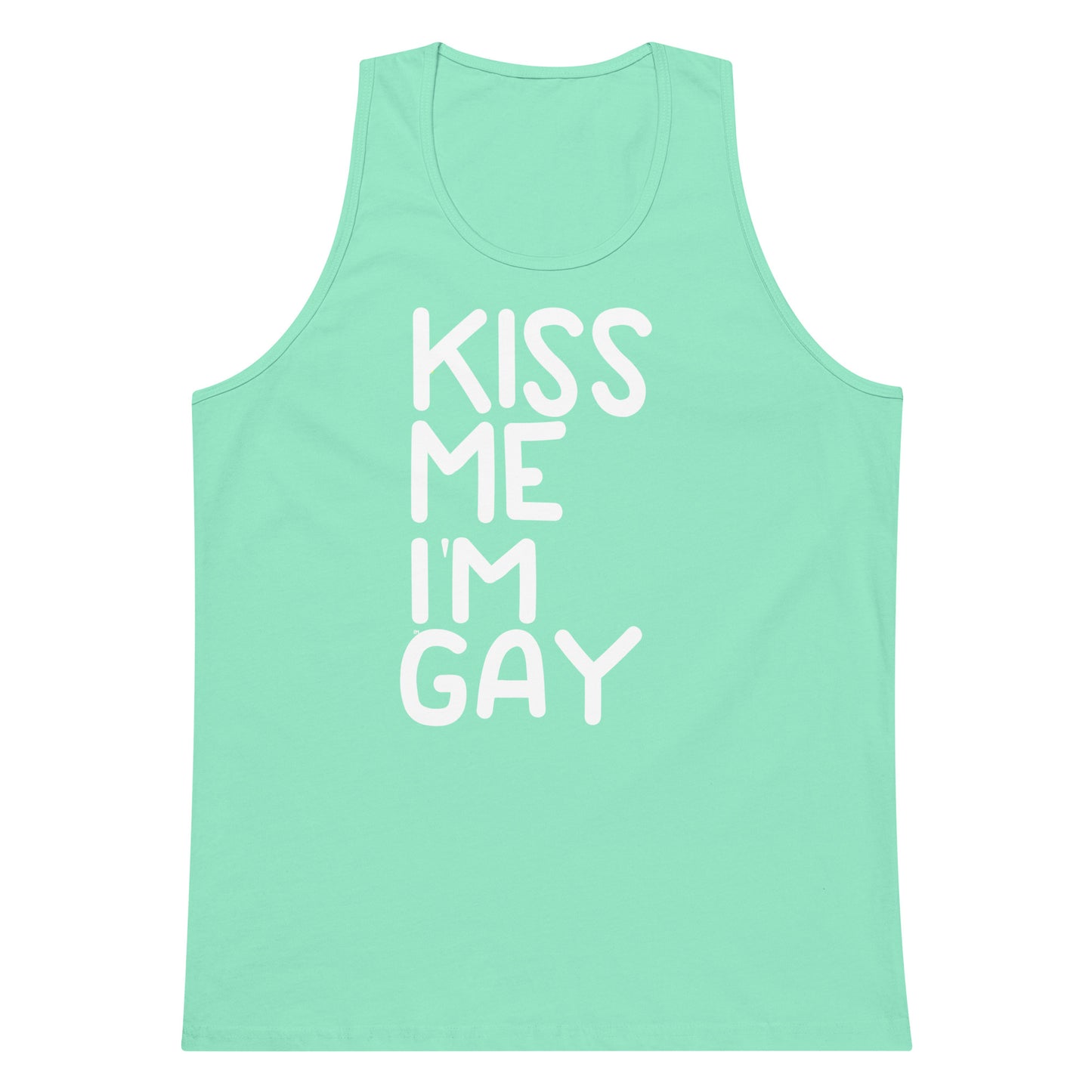 A mint green sleeveless tank top with the phrase 'KISS ME I'M GAY' printed vertically in white block letters on the front, shown against a plain white background.