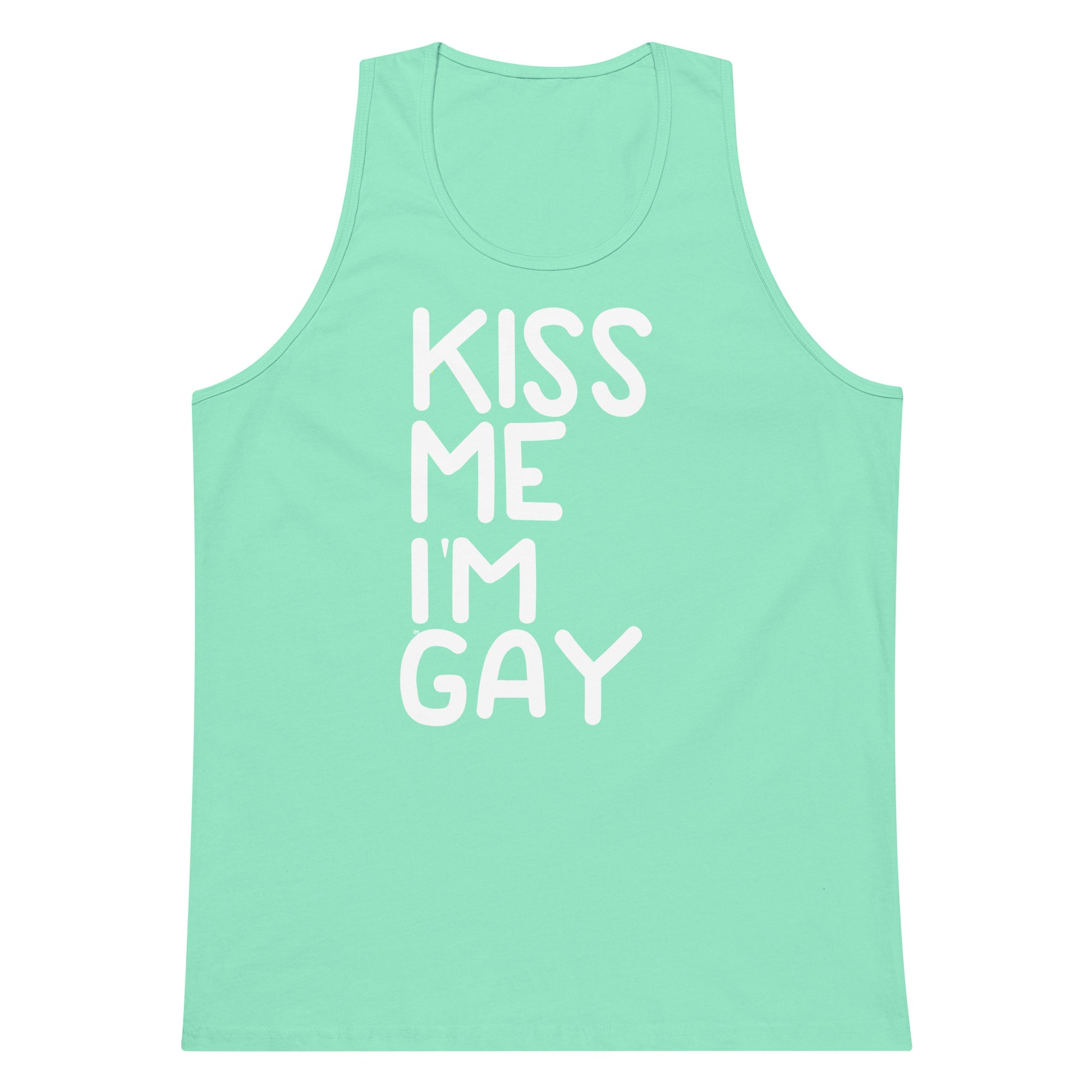 A mint green sleeveless tank top with the phrase 'KISS ME I'M GAY' printed vertically in white block letters on the front, shown against a plain white background.