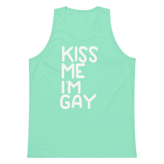 A mint green sleeveless tank top with the phrase 'KISS ME I'M GAY' printed vertically in white block letters on the front, shown against a plain white background.