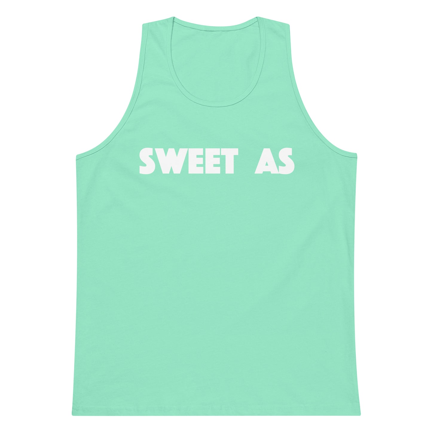 A mint green sleeveless tank top with the words 'SWEET AS' printed in bold white capital letters across the chest, displayed on a solid white background.