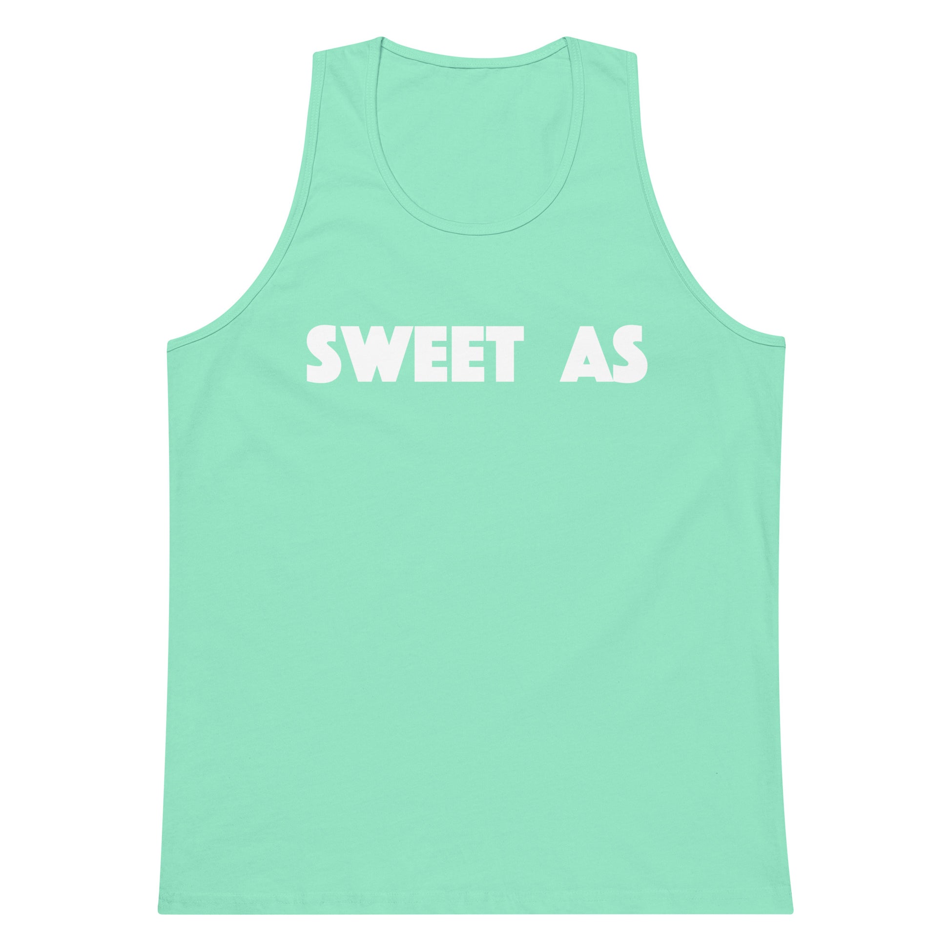 A mint green sleeveless tank top with the words 'SWEET AS' printed in bold white capital letters across the chest, displayed on a solid white background.
