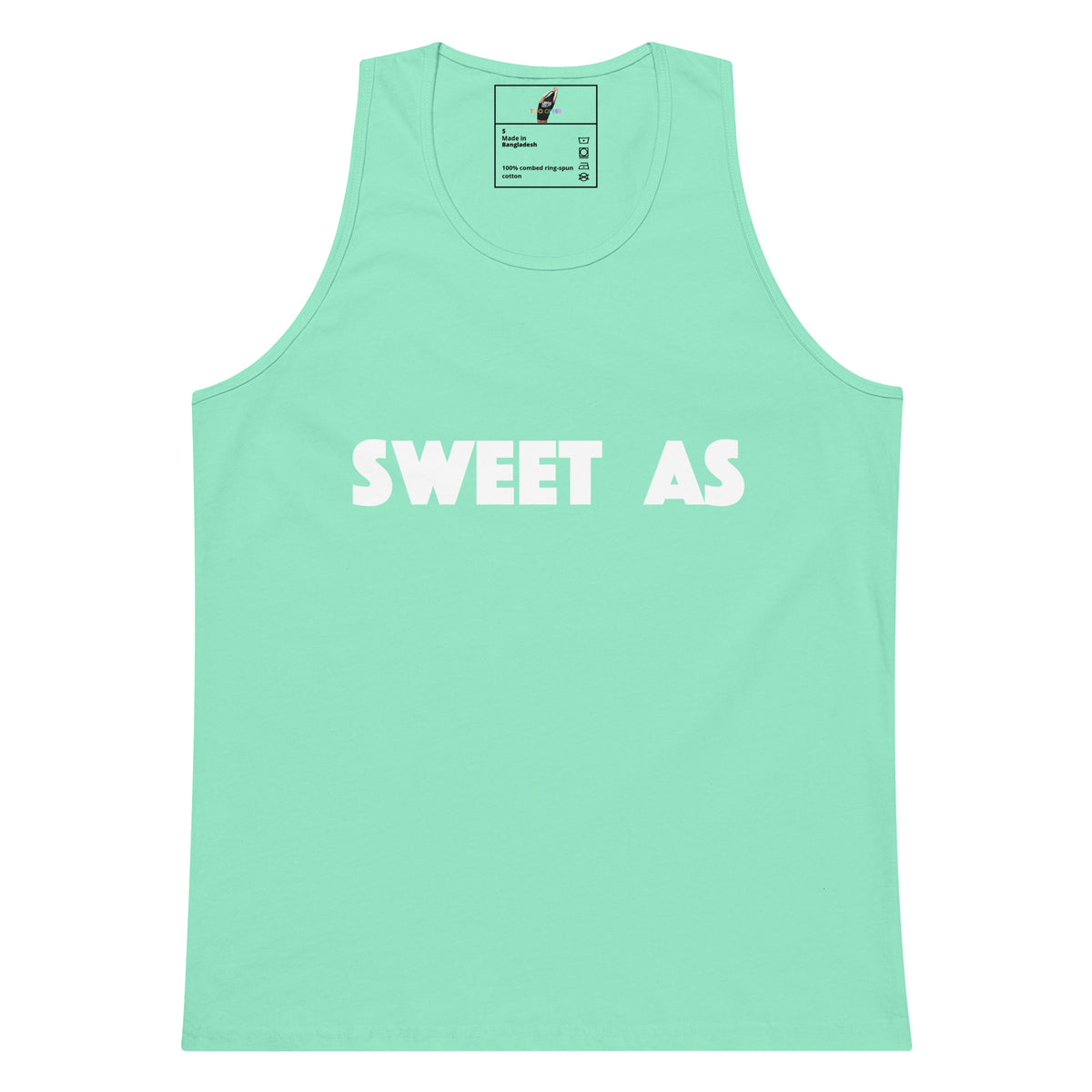 A mint green sleeveless tank top with 'SWEET AS' printed in bold white capital letters across the chest, displayed flat against a white background.