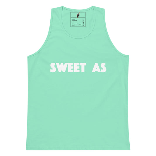 A mint green sleeveless tank top with 'SWEET AS' printed in bold white capital letters across the chest, displayed flat against a white background.