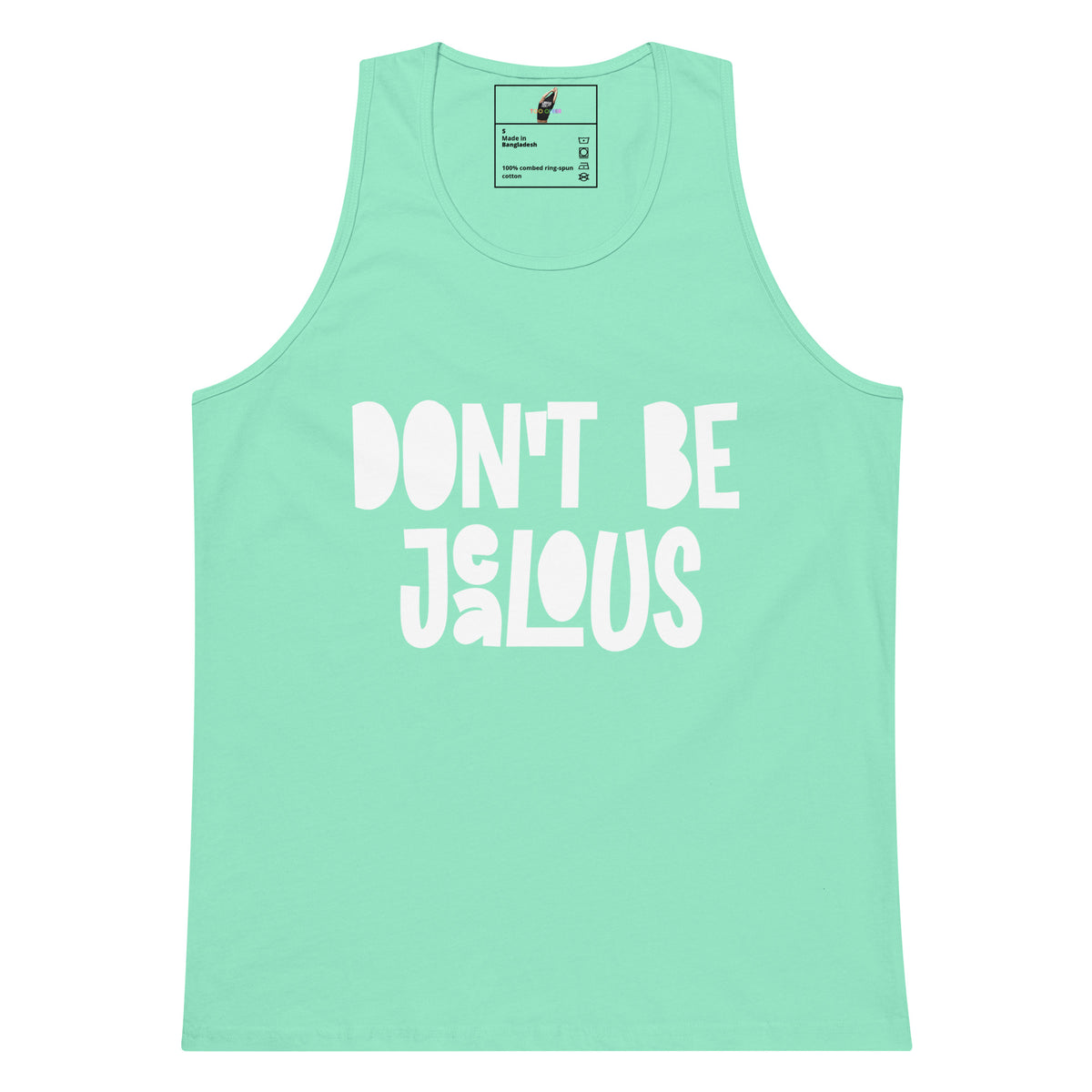 A mint green sleeveless tank top with the phrase 'DON'T BE JALOUS' printed in large white bubble letters across the front, displayed flat against a plain white background.