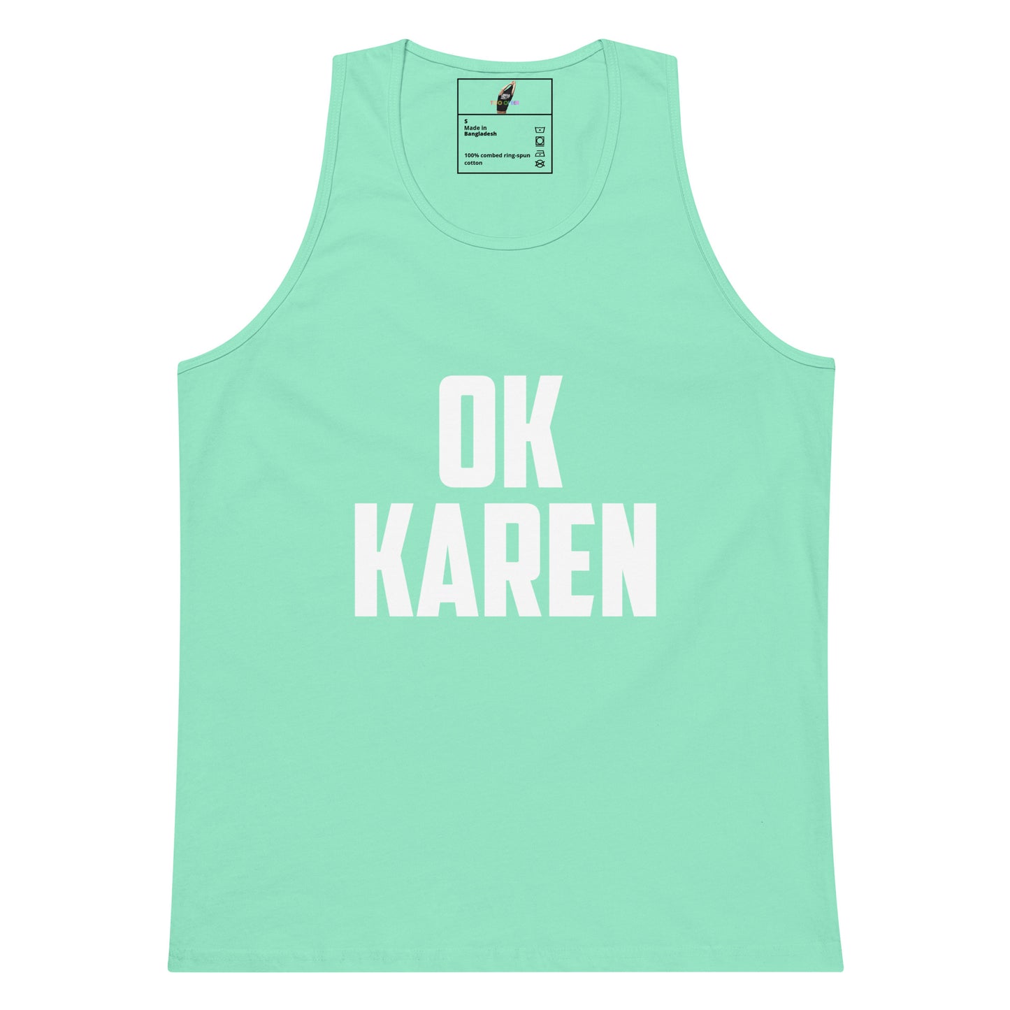 A mint green sleeveless tank top with the words 'OK KAREN' printed in bold white capital letters across the chest, displayed flat against a white background.