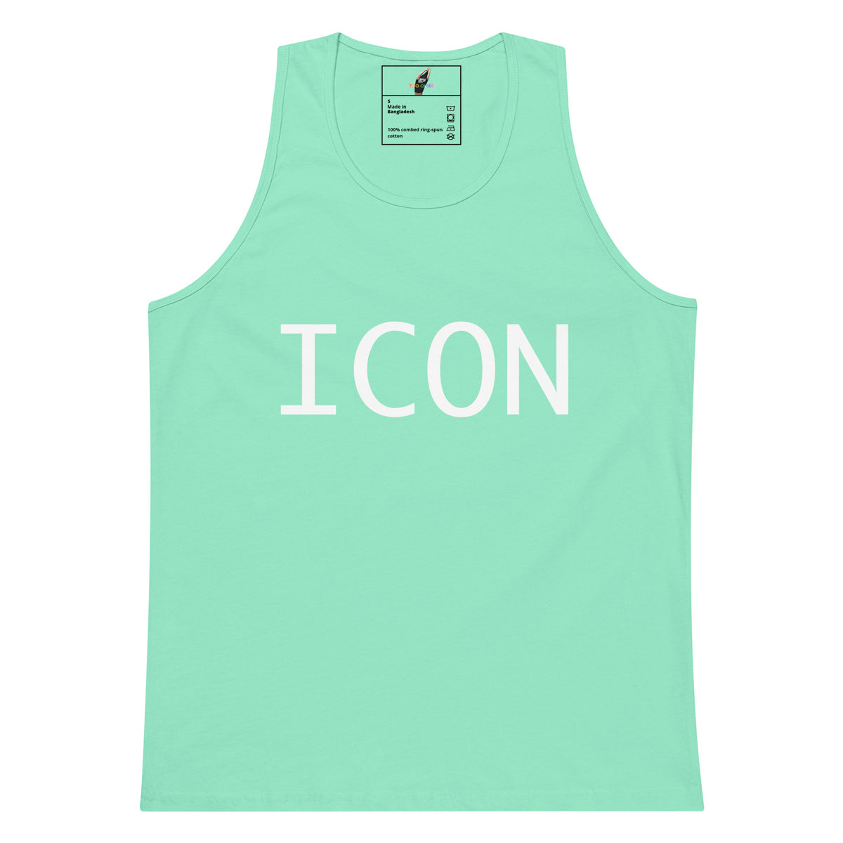 A mint green sleeveless tank top with the word 'ICON' printed in bold white capital letters across the chest, displayed flat against a plain white background.