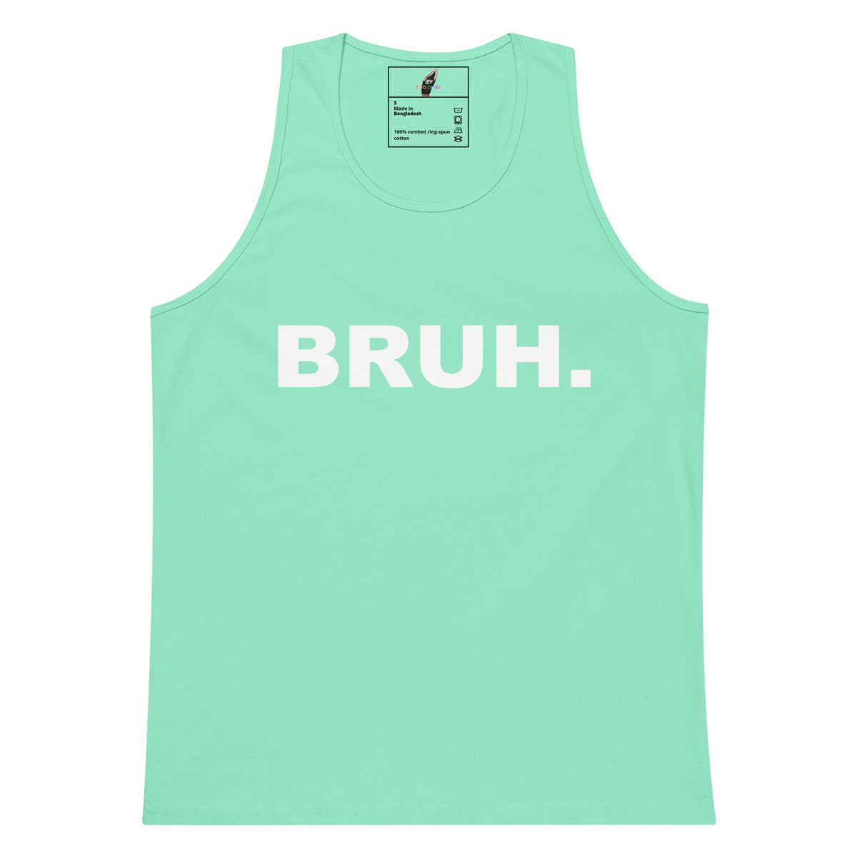 A mint green sleeveless tank top with the word 'BRUH.' printed in bold white capital letters across the chest, displayed flat against a white background.