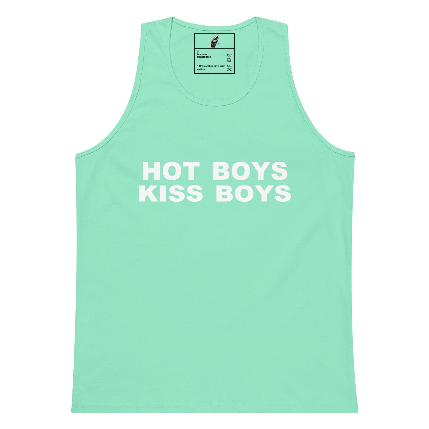 A mint green tank top with the phrase 'HOT BOYS KISS BOYS' printed in bold white capital letters across the chest, displayed flat against a plain white background.