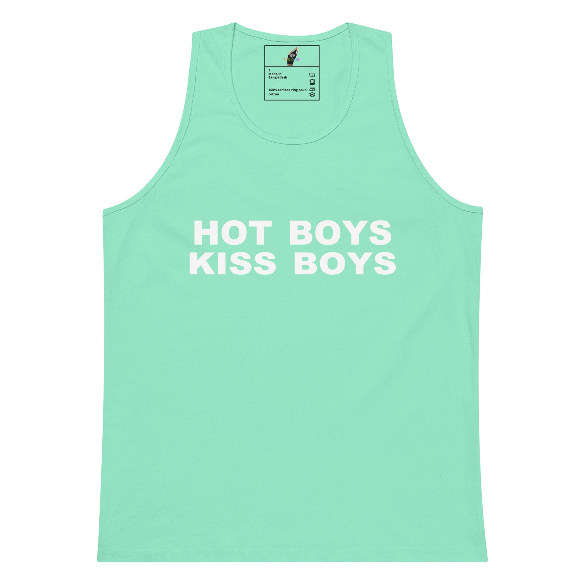 A mint green tank top with the phrase 'HOT BOYS KISS BOYS' printed in bold white capital letters across the chest, displayed flat against a plain white background.