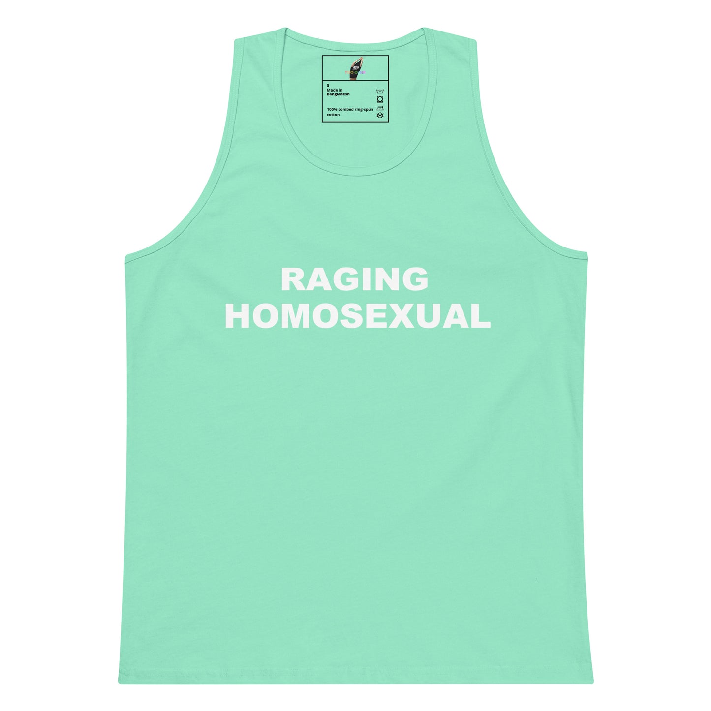 A mint green tank top with the words 'RAGING HOMOSEXUAL' printed in bold white capital letters across the chest, displayed flat against a solid white background.