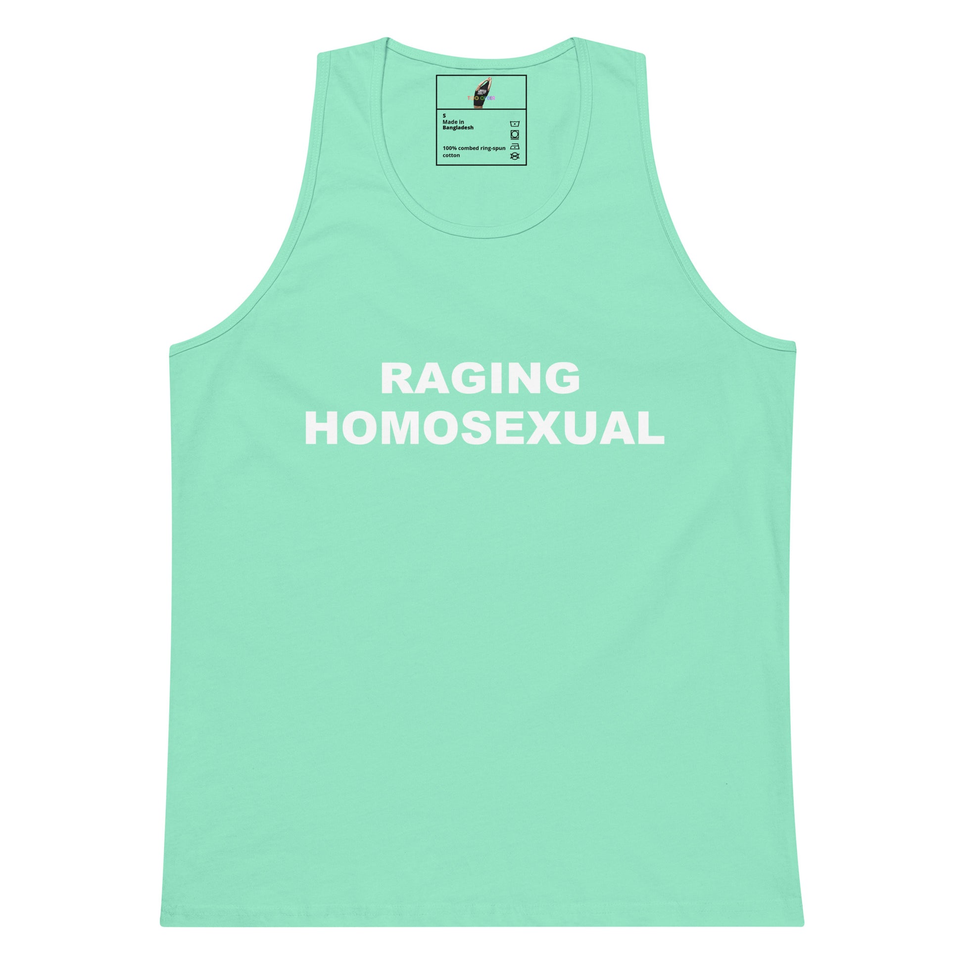 A mint green tank top with the words 'RAGING HOMOSEXUAL' printed in bold white capital letters across the chest, displayed flat against a solid white background.