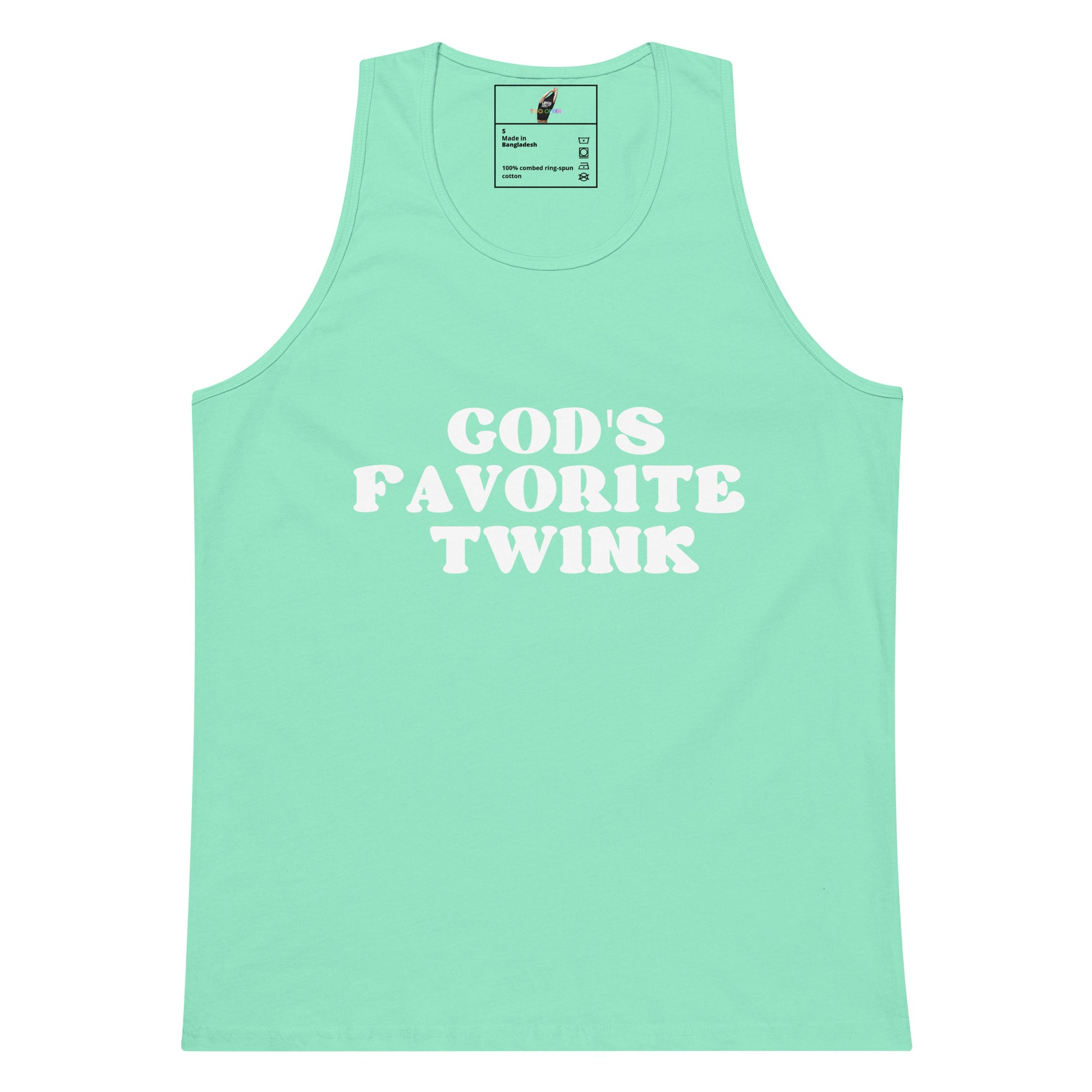 A mint green sleeveless tank top with the phrase 'GOD'S FAVORITE TWINK' printed in bold white capital letters across the chest, displayed flat against a plain white background.