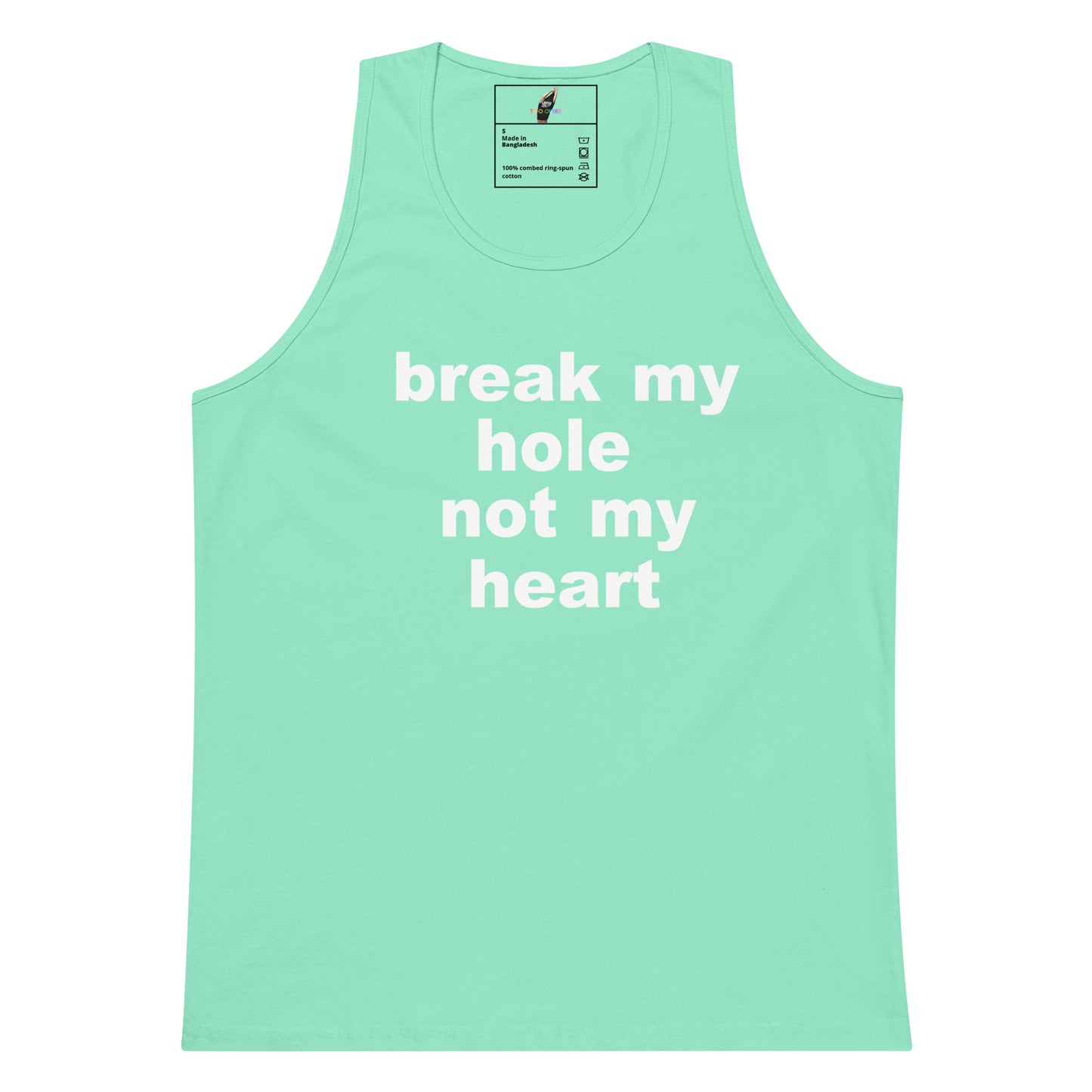A mint green tank top with the phrase 'break my hole not my heart' printed in white lowercase letters across the chest, displayed flat against a white background.