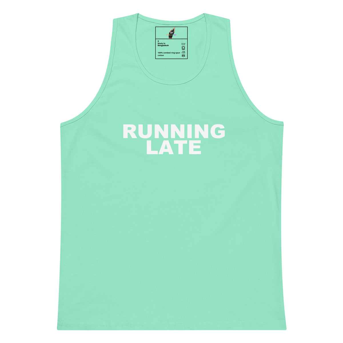 A mint green sleeveless tank top with the words 'RUNNING LATE' printed in white across the chest, shown on a plain white background.