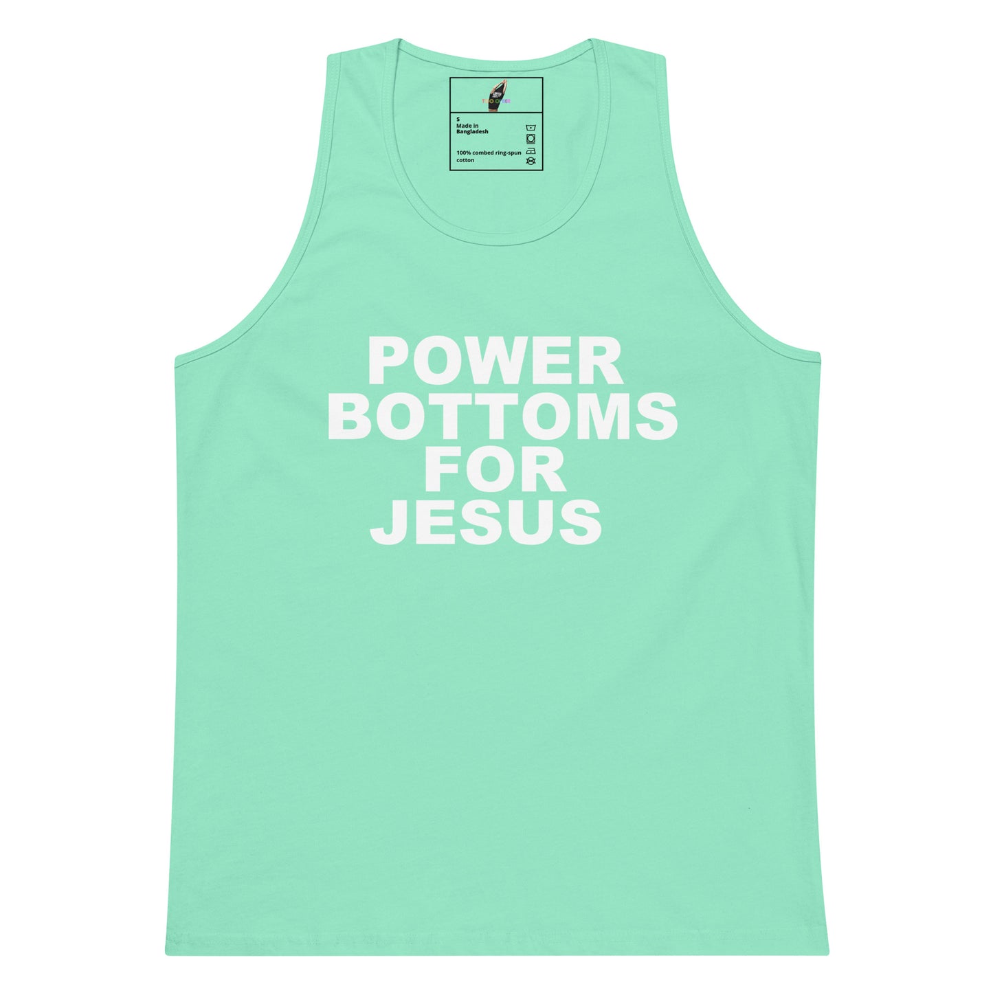 A mint green sleeveless tank top with the phrase 'POWER BOTTOMS FOR JESUS' printed in bold white capital letters across the chest, shown against a plain white background.