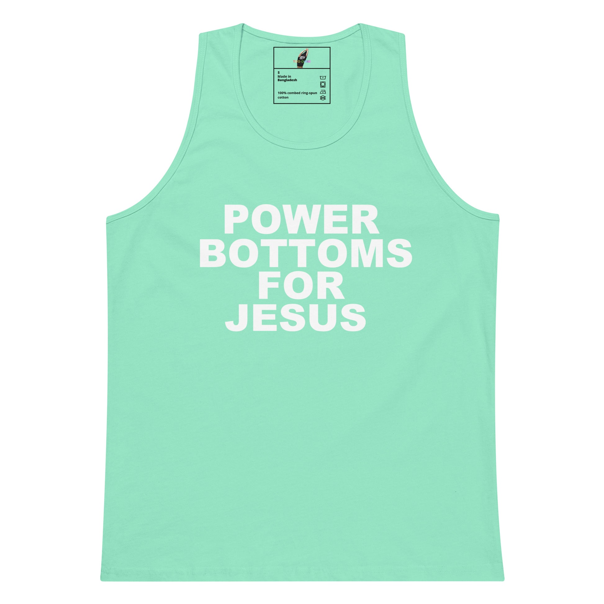 A mint green sleeveless tank top with the phrase 'POWER BOTTOMS FOR JESUS' printed in bold white capital letters across the chest, shown against a plain white background.