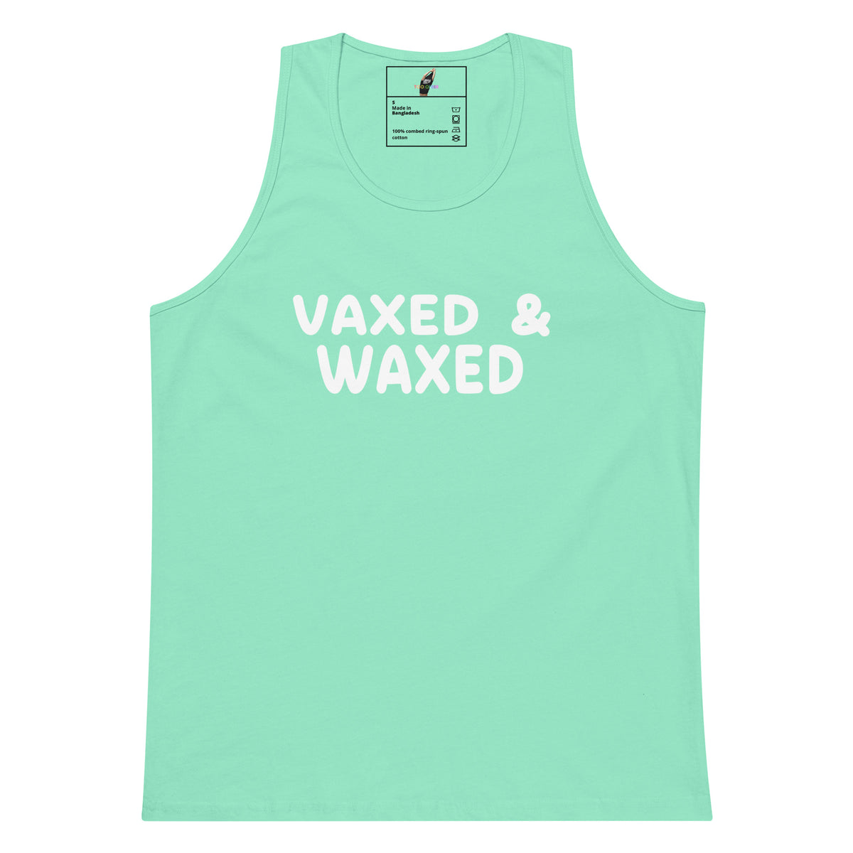 A mint green sleeveless tank top with the words 'VAXED & WAXED' printed in bold white letters across the chest, displayed flat against a plain white background.