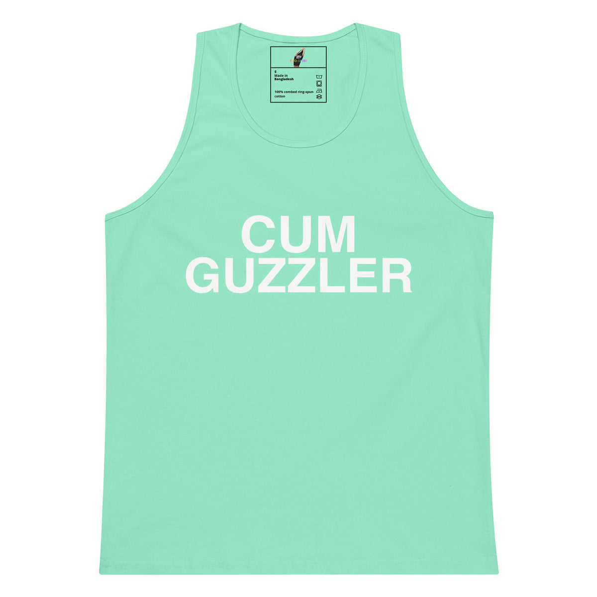 A mint green sleeveless tank top with the words 'CUM GUZZLER' printed in bold white capital letters across the chest, displayed flat against a plain white background.